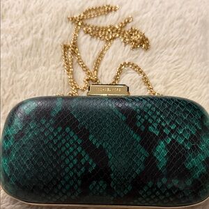 Michael Kors Green Snake-Print Clutch with Gold Chain
